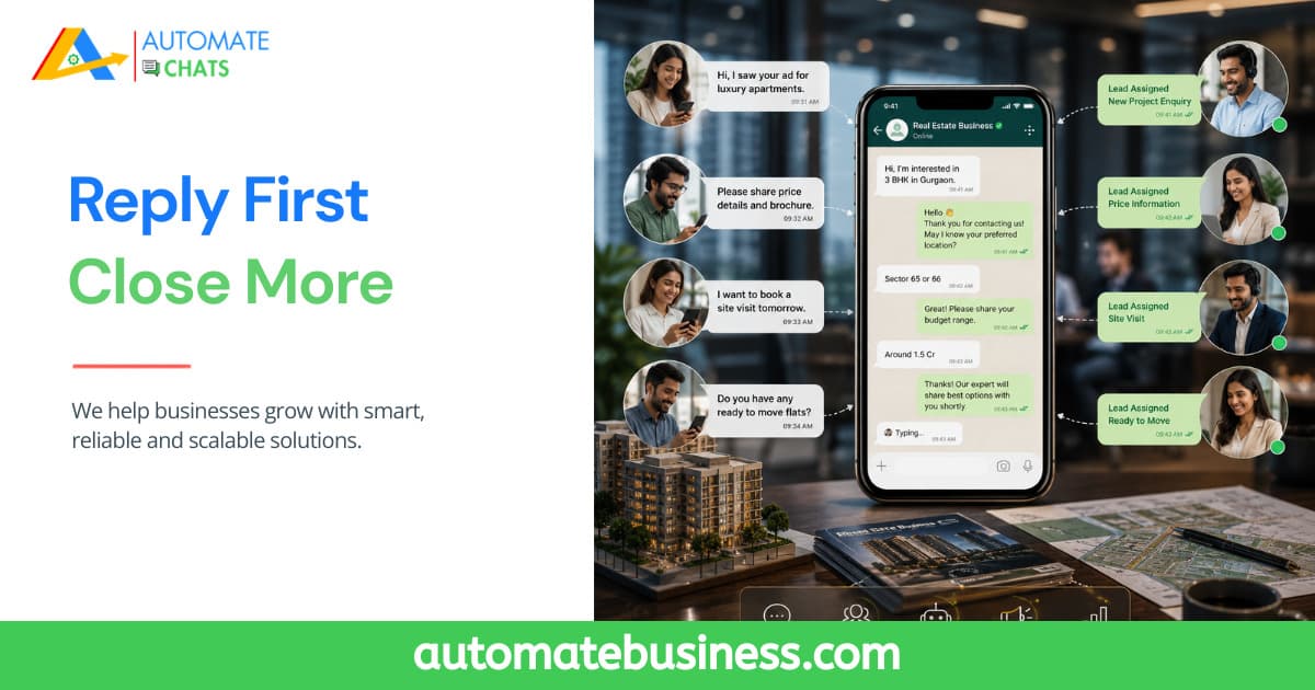 Real estate business using Automate Chats WhatsApp API to automate lead responses, qualify property enquiries, assign leads, and increase property sales.