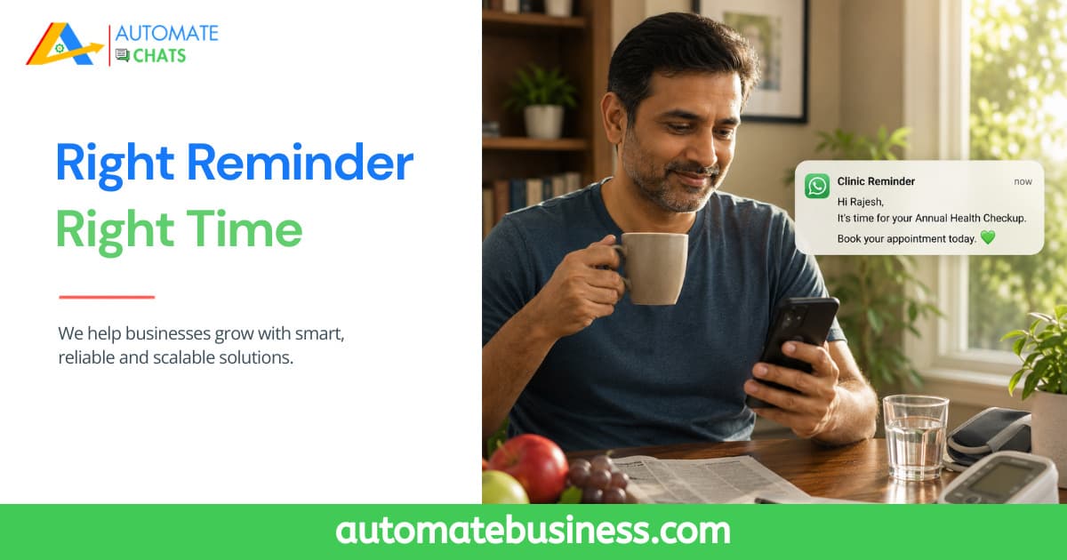 Healthcare clinic using Automate Chats WhatsApp API to send automated preventive health checkup reminders, appointment booking messages, and patient follow-ups.