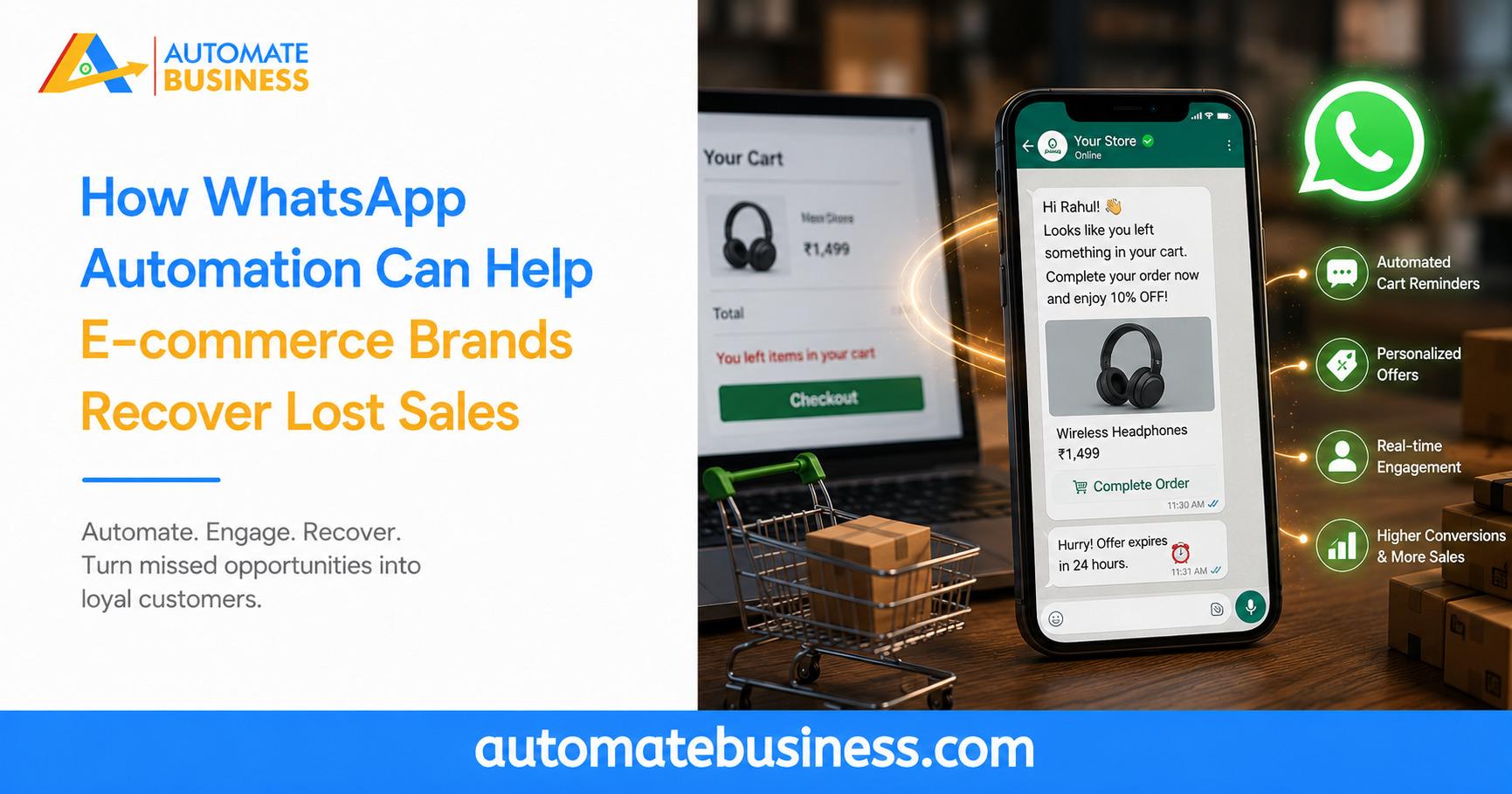Automate Business banner illustrating WhatsApp automation for e-commerce, with an abandoned shopping cart, WhatsApp recovery message, personalized offers, automated reminders, real-time engagement, and higher conversions.