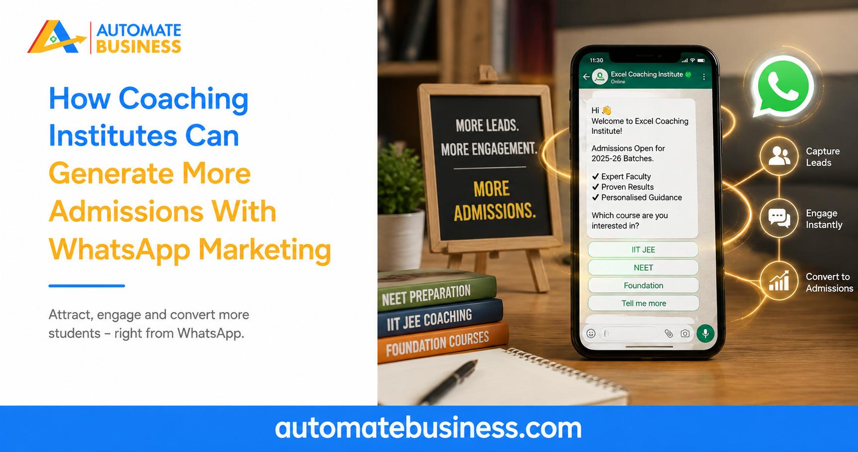 Automate Business banner showing how coaching institutes can generate more admissions with WhatsApp marketing, featuring a WhatsApp lead engagement flow for capturing, engaging, and converting student leads.
