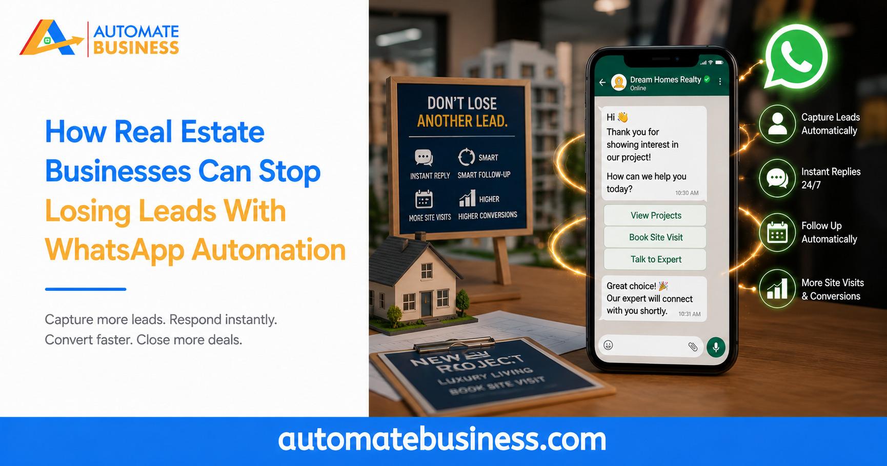 Real estate WhatsApp automation helping businesses capture leads, send instant replies, automate follow-ups, and increase site visits and conversions.