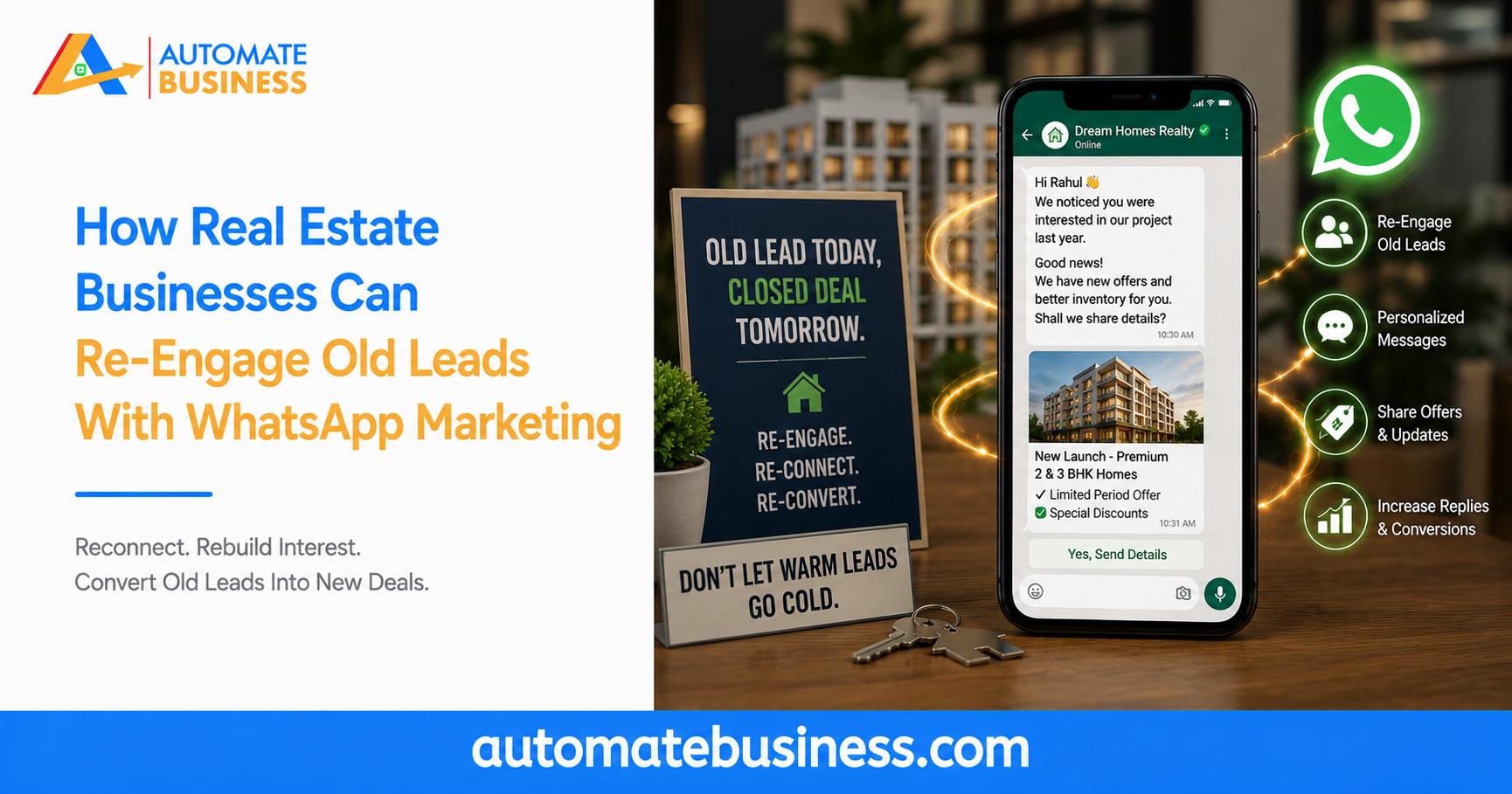 Automate Business graphic showing how real estate businesses can re-engage old leads through WhatsApp marketing, featuring a WhatsApp conversation, property offer, and benefits such as personalized messages, sharing offers, and increasing replies and conversions.