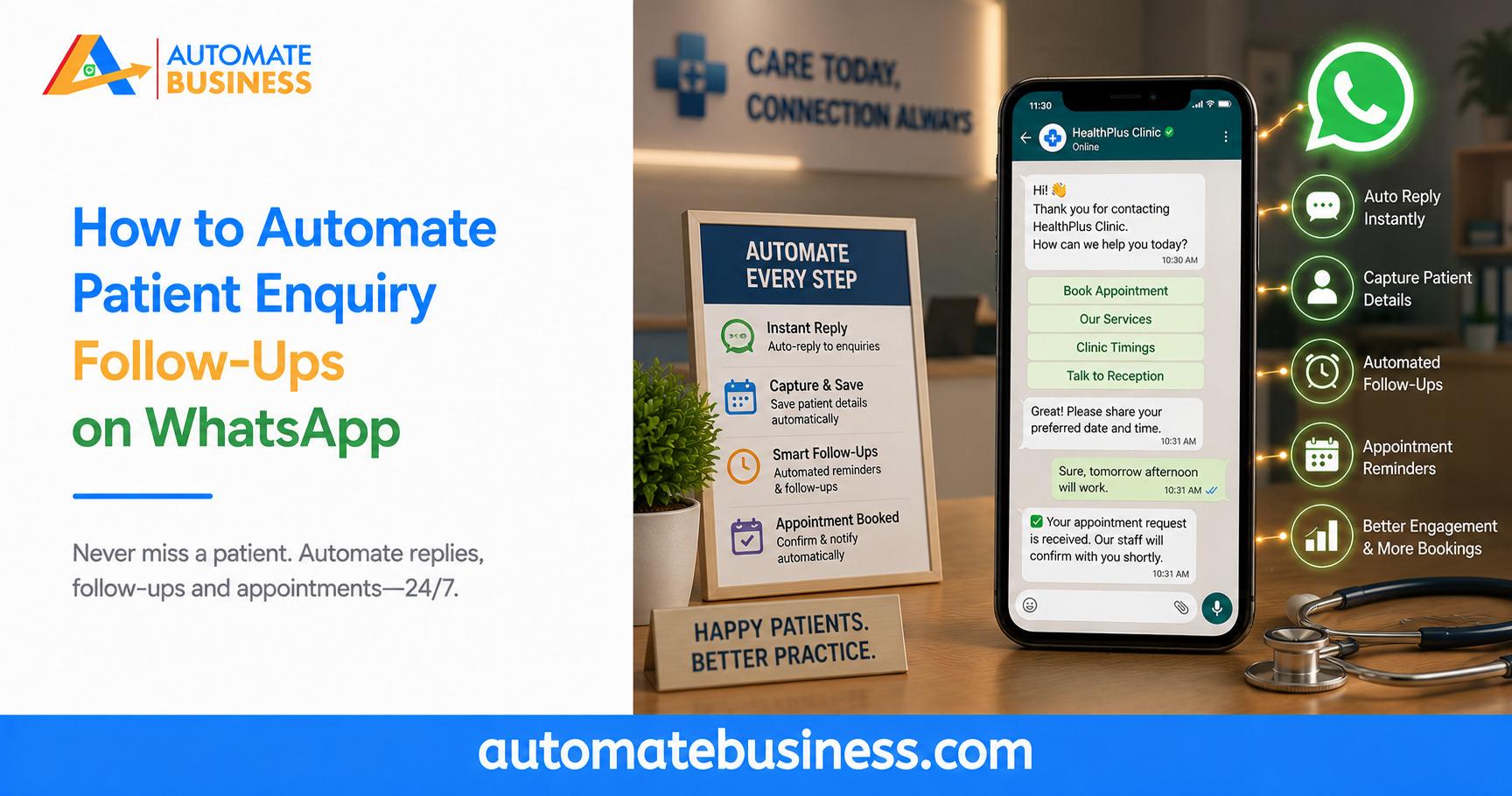Automate Business graphic showing how healthcare clinics can automate patient enquiry follow-ups on WhatsApp, with instant replies, patient detail capture, automated follow-ups, appointment reminders, and improved patient engagement and bookings.