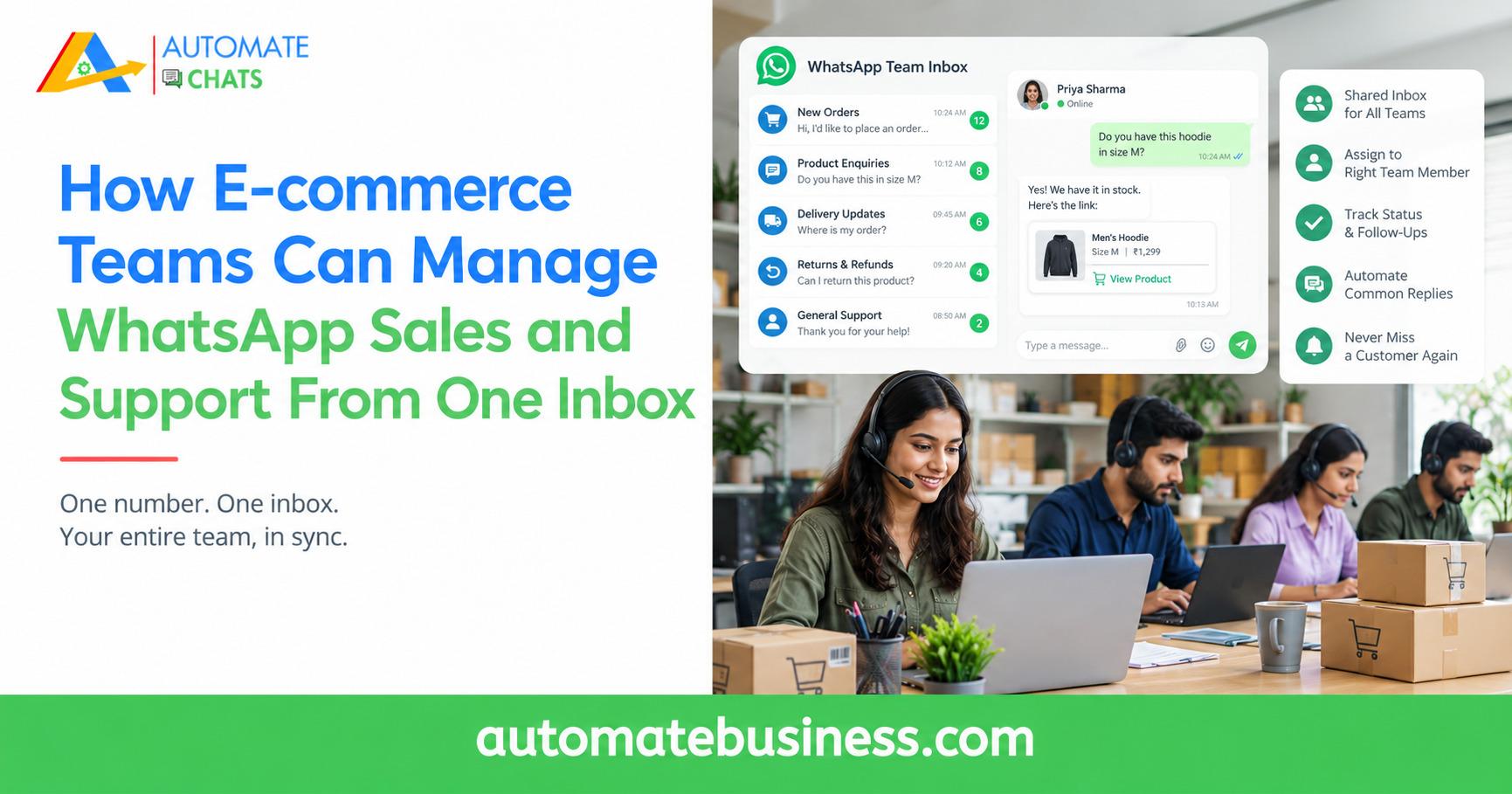 E-commerce team managing WhatsApp sales and customer support through a shared inbox with assigned conversations and follow-ups.