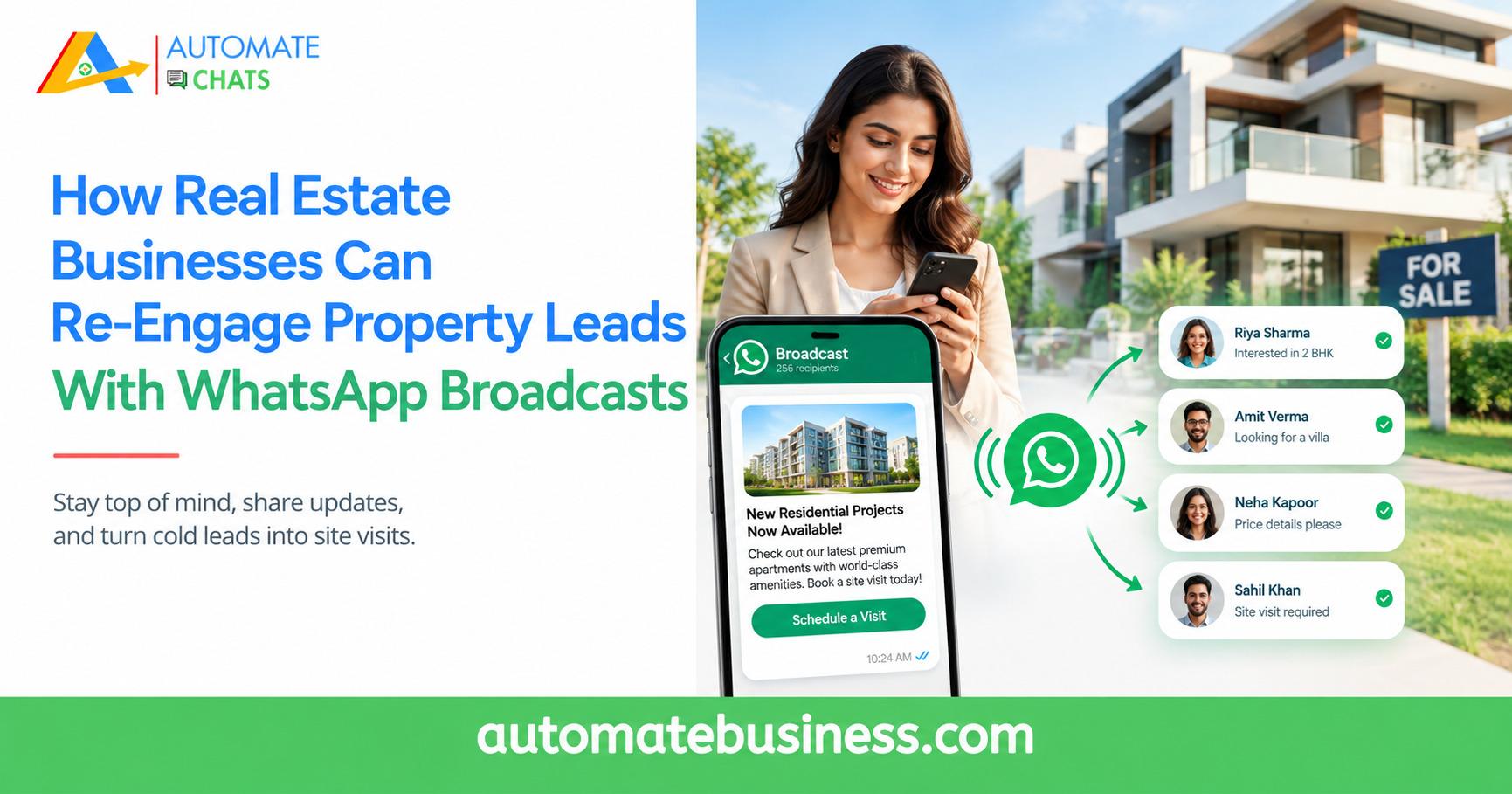 Real estate business re-engaging property leads with WhatsApp broadcasts