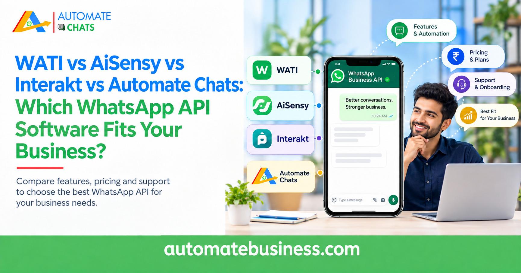 WATI, AiSensy, Interakt and Automate Chats compared for WhatsApp API software.