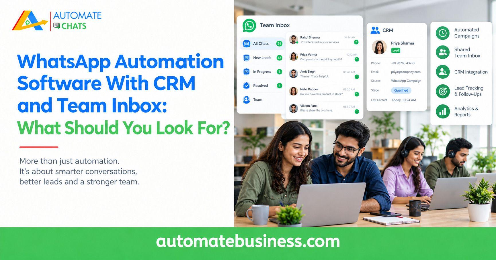 WhatsApp automation software banner showing CRM integration, shared team inbox, automated campaigns, lead tracking, and customer support features for e-commerce businesses.